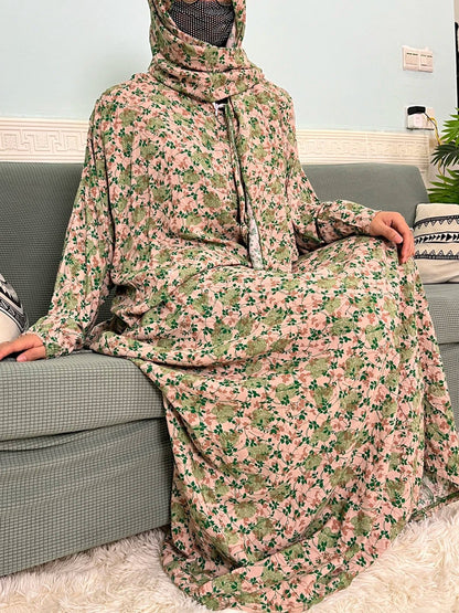 Muslim Cotton Abayas For Women Traditional Floral Ramadan Prayer Garment African Caftan Marocain Femme Robe Connected Headscarf - Bako Bako
