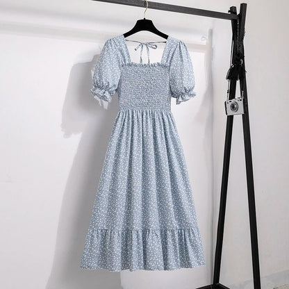 Spring Summer Chiffon Dresses Fashion Female Elastic Waist Short Sleeve Pleated Casual Dress Women A - line Dresses Vestidos - Bako Bako