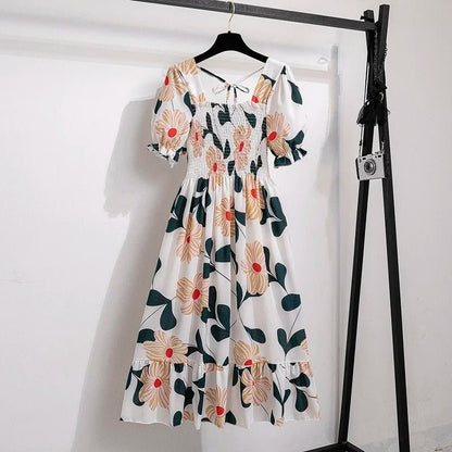 Spring Summer Chiffon Dresses Fashion Female Elastic Waist Short Sleeve Pleated Casual Dress Women A - line Dresses Vestidos - Bako Bako