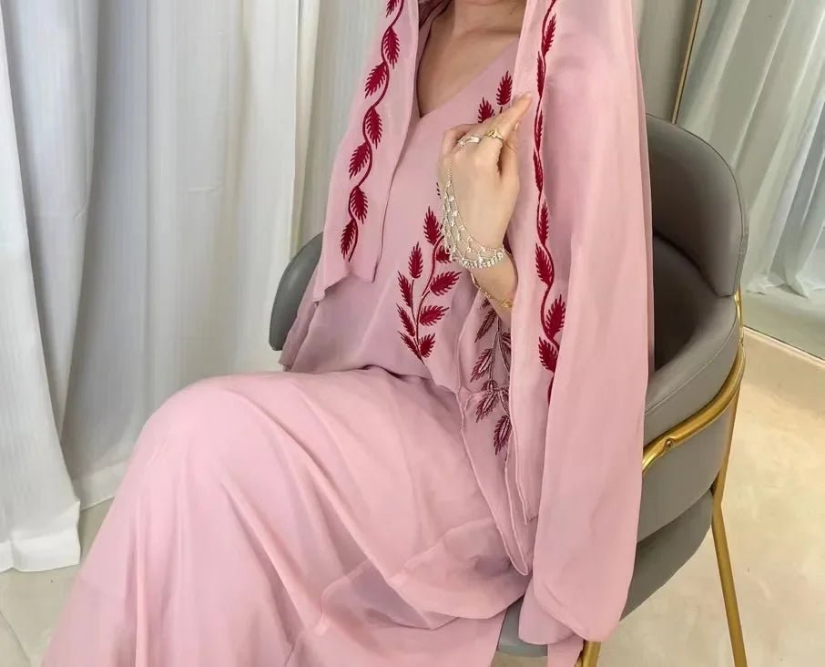 Eid Muslim Abaya for Women Embroidery Dress with Scarf 2 Piece Set Dubai Arab Long Robe Morocco Abayas Kaftan Headscarf Gorgeous - Bako Bako