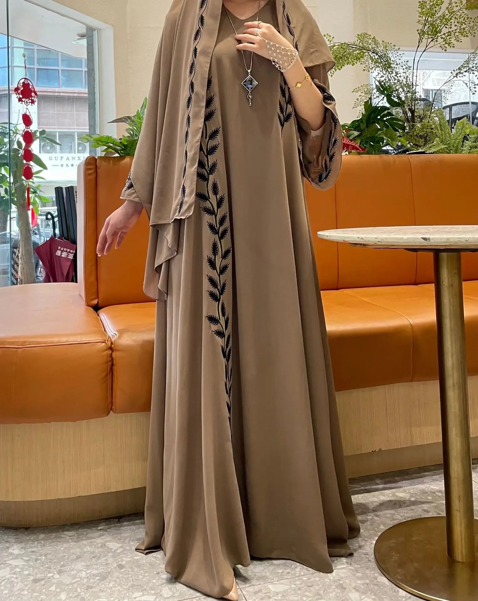 Eid Muslim Abaya for Women Embroidery Dress with Scarf 2 Piece Set Dubai Arab Long Robe Morocco Abayas Kaftan Headscarf Gorgeous - Bako Bako