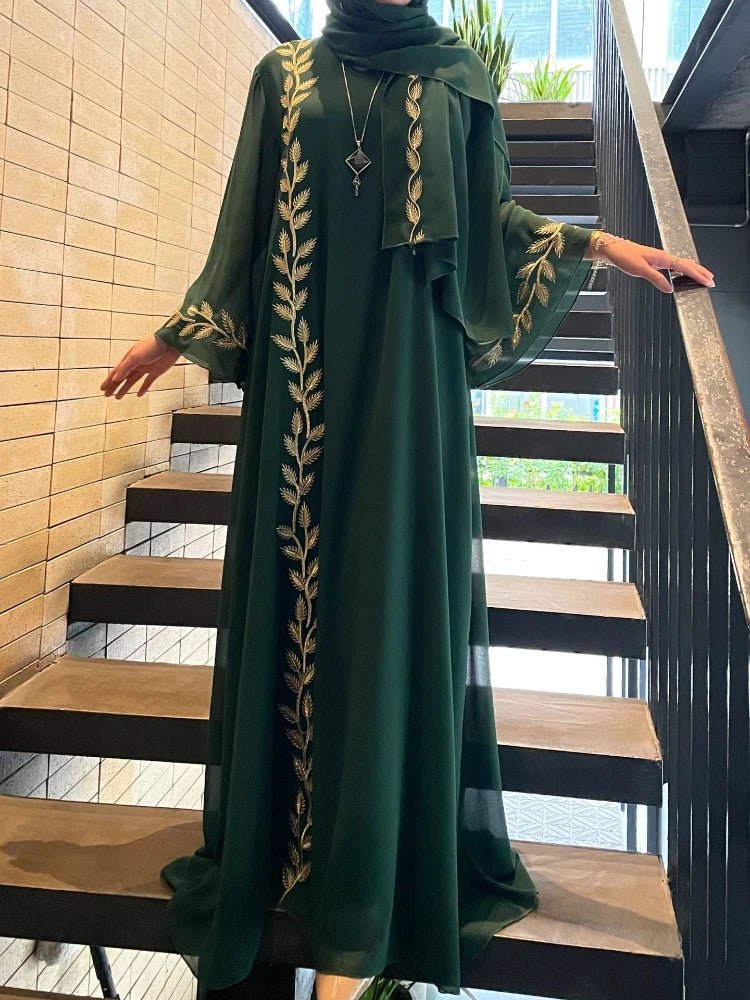 Eid Muslim Abaya for Women Embroidery Dress with Scarf 2 Piece Set Dubai Arab Long Robe Morocco Abayas Kaftan Headscarf Gorgeous - Bako Bako