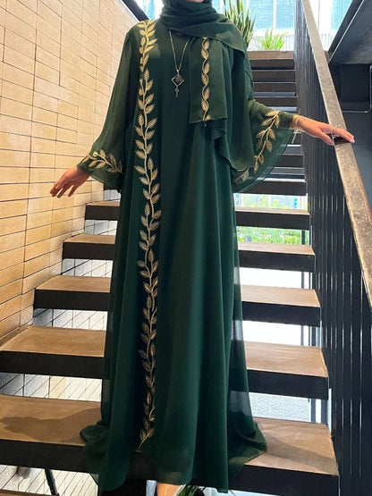 Eid Muslim Abaya for Women Embroidery Dress with Scarf 2 Piece Set Dubai Arab Long Robe Morocco Abayas Kaftan Headscarf Gorgeous - Bako Bako