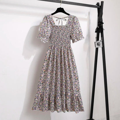Spring Summer Chiffon Dresses Fashion Female Elastic Waist Short Sleeve Pleated Casual Dress Women A - line Dresses Vestidos - Bako Bako