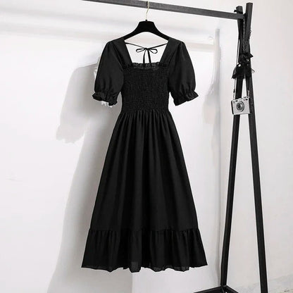 Spring Summer Chiffon Dresses Fashion Female Elastic Waist Short Sleeve Pleated Casual Dress Women A - line Dresses Vestidos - Bako Bako