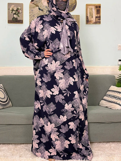 Muslim Cotton Abayas For Women Traditional Floral Ramadan Prayer Garment African Caftan Marocain Femme Robe Connected Headscarf - Bako Bako