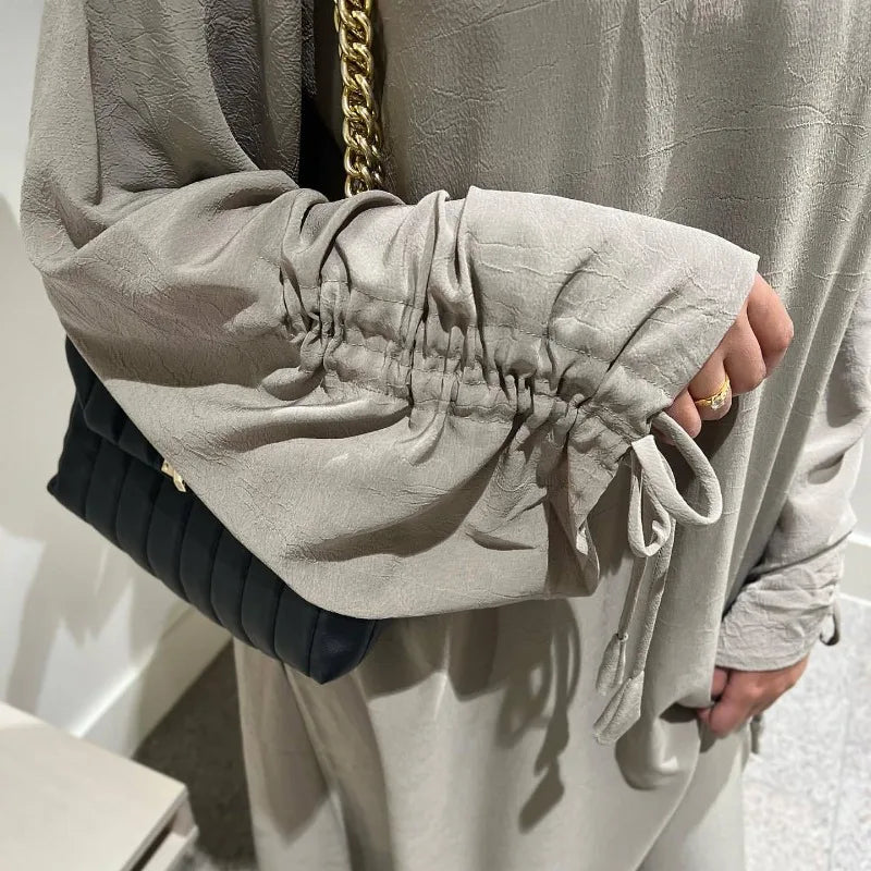 2024 Saudi Arabia Muslim Women Modest Dress Eid Dubai Plain Abaya Islamic Holiday Party Solid Turkey Lace - up Cuffs Long Clothes - Bako Bako
