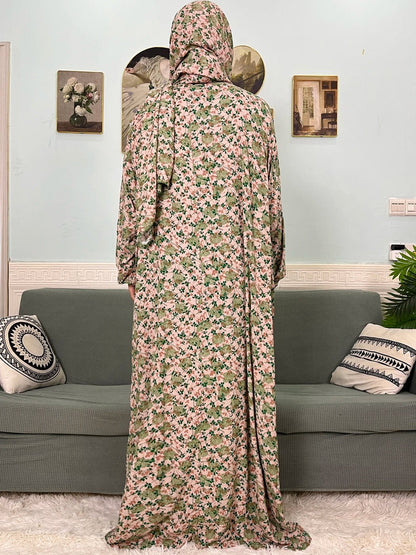 Muslim Cotton Abayas For Women Traditional Floral Ramadan Prayer Garment African Caftan Marocain Femme Robe Connected Headscarf - Bako Bako