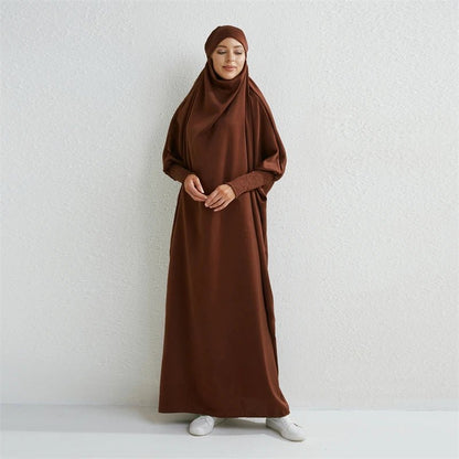 Muslim Abaya Hooded Smocking Sleeve One - piece Prayer Dress Women Jilbab Islamic Clothing Dubai Saudi Black Robe Turkish Modesty - Bako Bako
