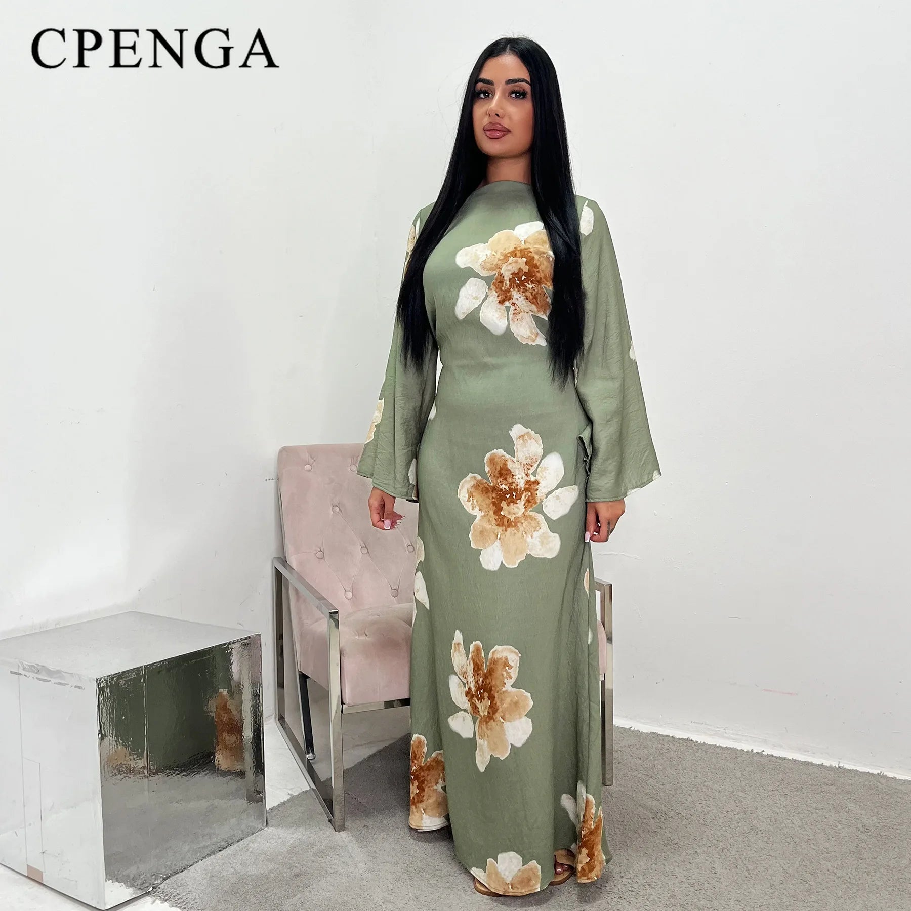 Arabesque Bell Sleeve Flowy Maxi Abaya Dress Elegant Floral Print Muslim Modest Long Dress Islamic Vacation Outfit Summer Robe - Bako Bako