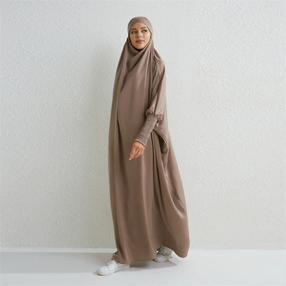 Muslim Abaya Hooded Smocking Sleeve One - piece Prayer Dress Women Jilbab Islamic Clothing Dubai Saudi Black Robe Turkish Modesty - Bako Bako