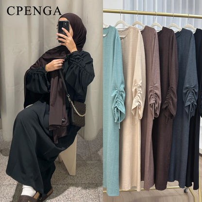2024 Saudi Arabia Muslim Women Modest Dress Eid Dubai Plain Abaya Islamic Holiday Party Solid Turkey Lace - up Cuffs Long Clothes - Bako Bako