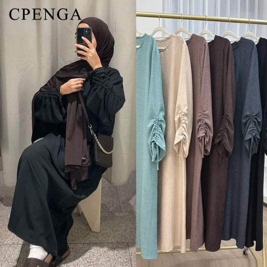 2024 Saudi Arabia Muslim Women Modest Dress Eid Dubai Plain Abaya Islamic Holiday Party Solid Turkey Lace - up Cuffs Long Clothes - Bako Bako