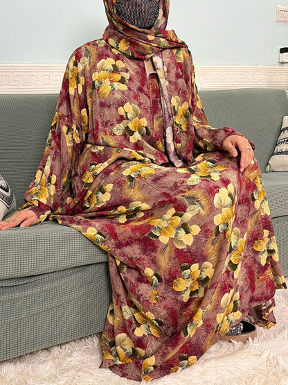 Muslim Cotton Abayas For Women Traditional Floral Ramadan Prayer Garment African Caftan Marocain Femme Robe Connected Headscarf - Bako Bako