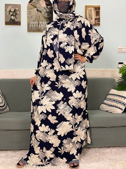 Muslim Cotton Abayas For Women Traditional Floral Ramadan Prayer Garment African Caftan Marocain Femme Robe Connected Headscarf - Bako Bako