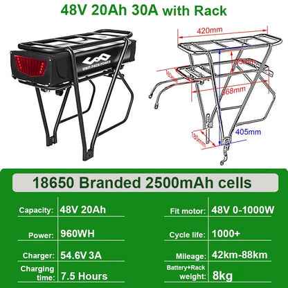 Rear Rack eBike Battery 21700 18650 52V 48V 27Ah 72V 20Ah with Rack no Rack Optional for 1500W 1000W 750W 500W 24" - 28 inch - Bako Bako