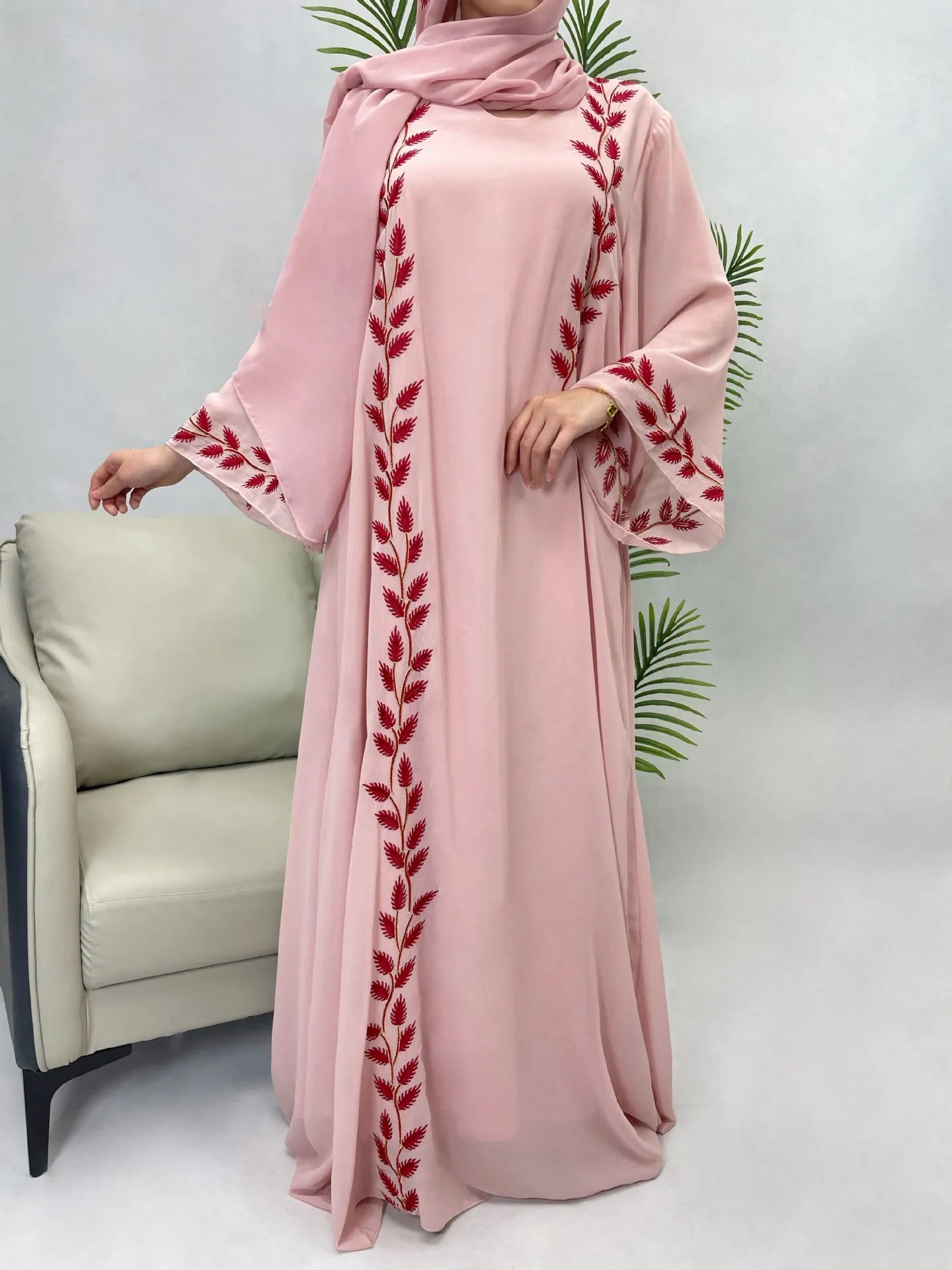 Eid Muslim Abaya for Women Embroidery Dress with Scarf 2 Piece Set Dubai Arab Long Robe Morocco Abayas Kaftan Headscarf Gorgeous - Bako Bako