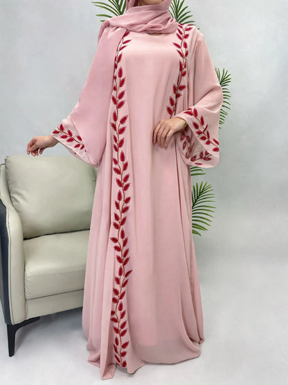 Eid Muslim Abaya for Women Embroidery Dress with Scarf 2 Piece Set Dubai Arab Long Robe Morocco Abayas Kaftan Headscarf Gorgeous - Bako Bako