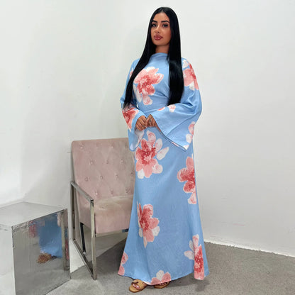 Arabesque Bell Sleeve Flowy Maxi Abaya Dress Elegant Floral Print Muslim Modest Long Dress Islamic Vacation Outfit Summer Robe - Bako Bako