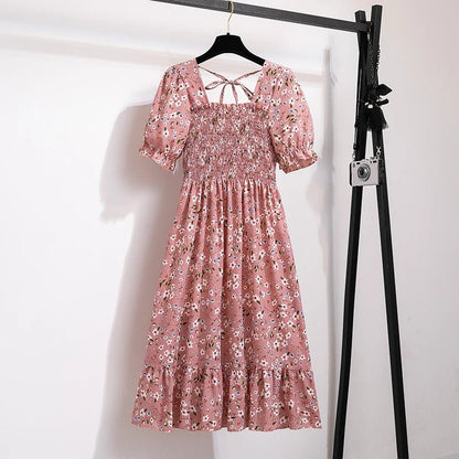 Spring Summer Chiffon Dresses Fashion Female Elastic Waist Short Sleeve Pleated Casual Dress Women A - line Dresses Vestidos - Bako Bako