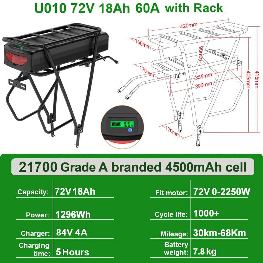 Rear Rack eBike Battery 21700 18650 52V 48V 27Ah 72V 20Ah with Rack no Rack Optional for 1500W 1000W 750W 500W 24" - 28 inch - Bako Bako