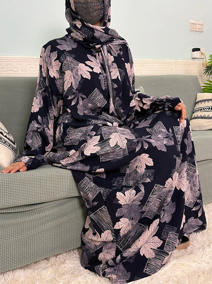 Muslim Cotton Abayas For Women Traditional Floral Ramadan Prayer Garment African Caftan Marocain Femme Robe Connected Headscarf - Bako Bako