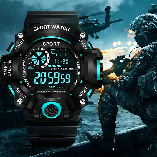 Fashion Men's Watch Sports Electronic Wristwatch Large dial Multifunctional Waterproof Luminous Alarm Kids Male's Military Watch - Bako Bako