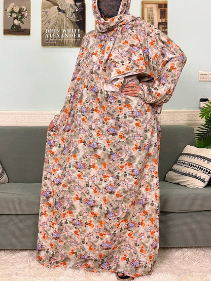 Muslim Cotton Abayas For Women Traditional Floral Ramadan Prayer Garment African Caftan Marocain Femme Robe Connected Headscarf - Bako Bako