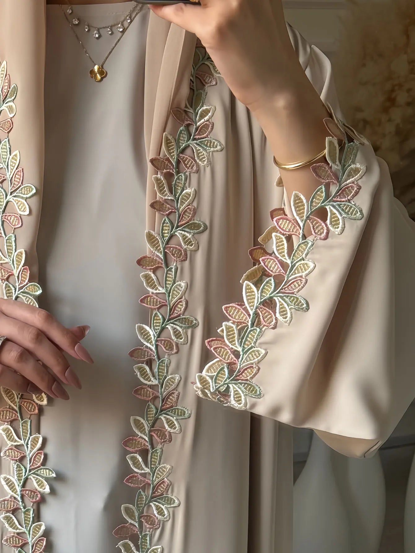 Dubai Elegant Beige Abaya for Muslim Women - Intricately Crafted with Multicolored Embroidery Piece in Islamic Modest Fashion - Bako Bako