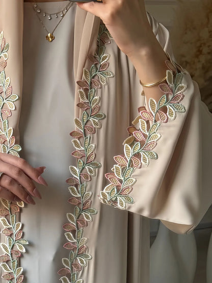 Dubai Elegant Beige Abaya for Muslim Women - Intricately Crafted with Multicolored Embroidery Piece in Islamic Modest Fashion - Bako Bako