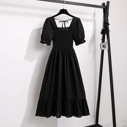 Spring Summer Chiffon Dresses Fashion Female Elastic Waist Short Sleeve Pleated Casual Dress Women A - line Dresses Vestidos - Bako Bako