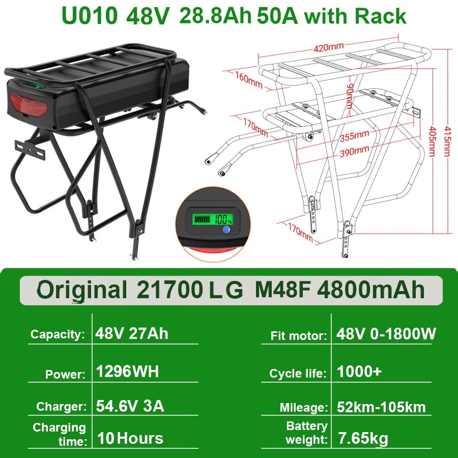 Rear Rack eBike Battery 21700 18650 52V 48V 27Ah 72V 20Ah with Rack no Rack Optional for 1500W 1000W 750W 500W 24" - 28 inch - Bako Bako