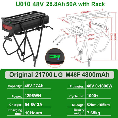 Rear Rack eBike Battery 21700 18650 52V 48V 27Ah 72V 20Ah with Rack no Rack Optional for 1500W 1000W 750W 500W 24" - 28 inch - Bako Bako