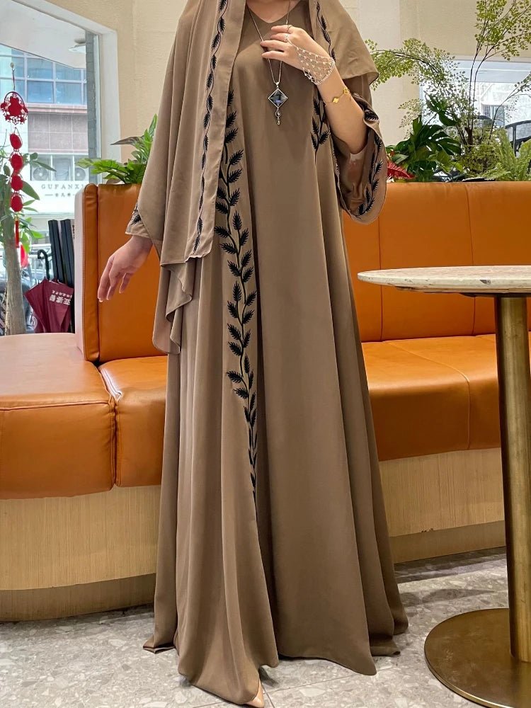 Eid Muslim Abaya for Women Embroidery Dress with Scarf 2 Piece Set Dubai Arab Long Robe Morocco Abayas Kaftan Headscarf Gorgeous - Bako Bako