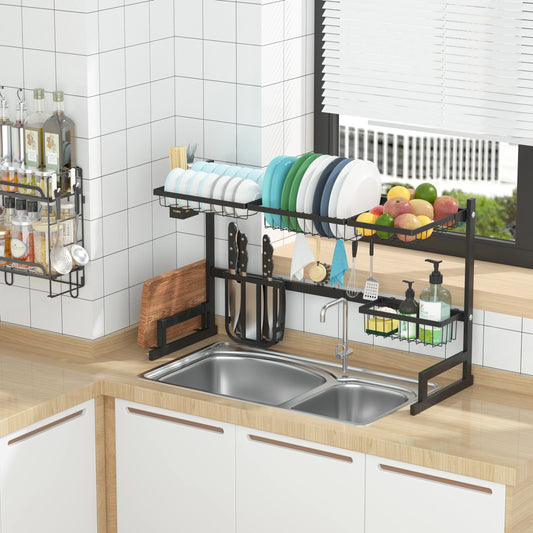 Adjustable Large Dish Drying Rack Metal Over the Sink Storage 2 - Tier Kitchen Organizer with Utensils Holder, Chopstick Holder - Bako Bako