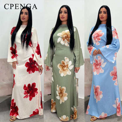 Arabesque Bell Sleeve Flowy Maxi Abaya Dress Elegant Floral Print Muslim Modest Long Dress Islamic Vacation Outfit Summer Robe - Bako Bako