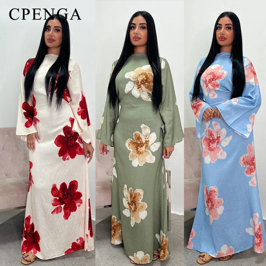 Arabesque Bell Sleeve Flowy Maxi Abaya Dress Elegant Floral Print Muslim Modest Long Dress Islamic Vacation Outfit Summer Robe - Bako Bako