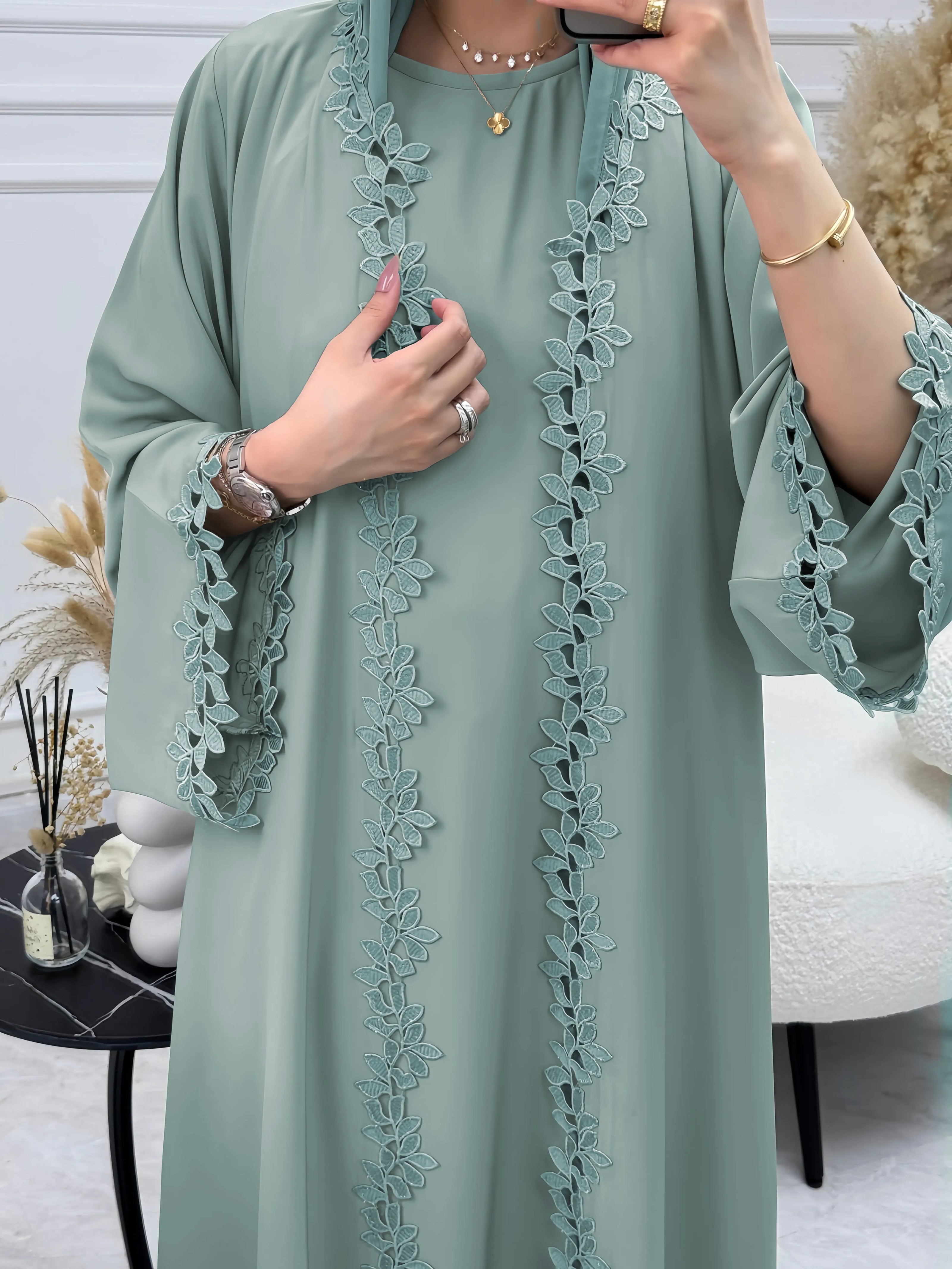 Dubai Elegant Beige Abaya for Muslim Women - Intricately Crafted with Multicolored Embroidery Piece in Islamic Modest Fashion - Bako Bako
