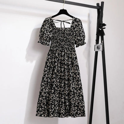 Spring Summer Chiffon Dresses Fashion Female Elastic Waist Short Sleeve Pleated Casual Dress Women A - line Dresses Vestidos - Bako Bako