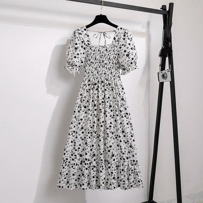 Spring Summer Chiffon Dresses Fashion Female Elastic Waist Short Sleeve Pleated Casual Dress Women A - line Dresses Vestidos - Bako Bako