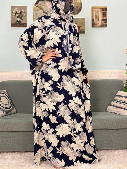 Muslim Cotton Abayas For Women Traditional Floral Ramadan Prayer Garment African Caftan Marocain Femme Robe Connected Headscarf - Bako Bako