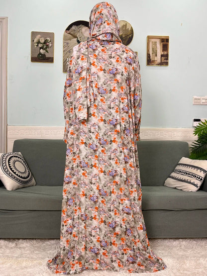 Muslim Cotton Abayas For Women Traditional Floral Ramadan Prayer Garment African Caftan Marocain Femme Robe Connected Headscarf - Bako Bako