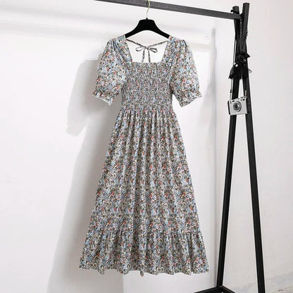 Spring Summer Chiffon Dresses Fashion Female Elastic Waist Short Sleeve Pleated Casual Dress Women A - line Dresses Vestidos - Bako Bako