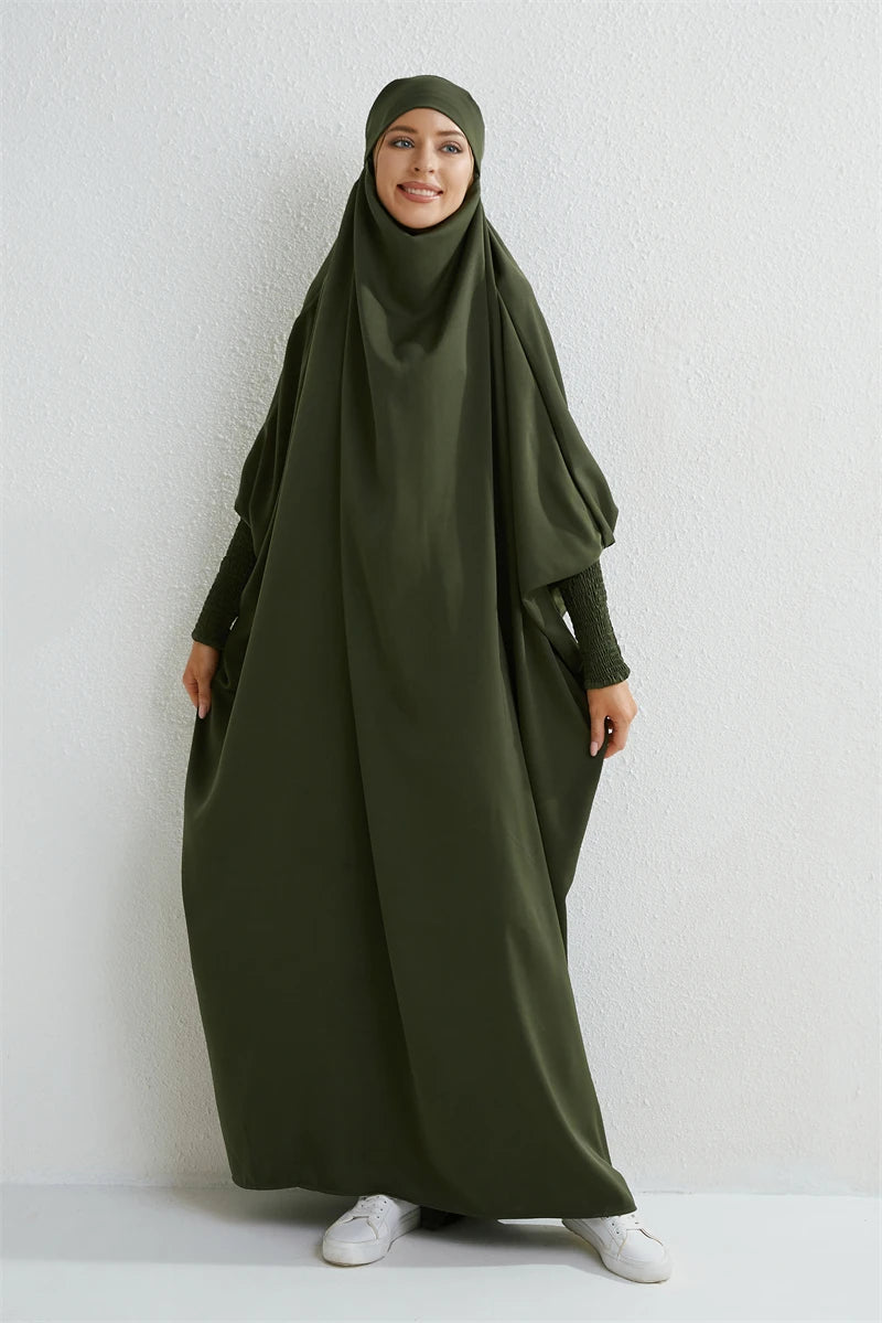 Muslim Abaya Hooded Smocking Sleeve One - piece Prayer Dress Women Jilbab Islamic Clothing Dubai Saudi Black Robe Turkish Modesty - Bako Bako