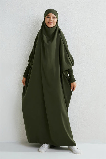 Muslim Abaya Hooded Smocking Sleeve One - piece Prayer Dress Women Jilbab Islamic Clothing Dubai Saudi Black Robe Turkish Modesty - Bako Bako