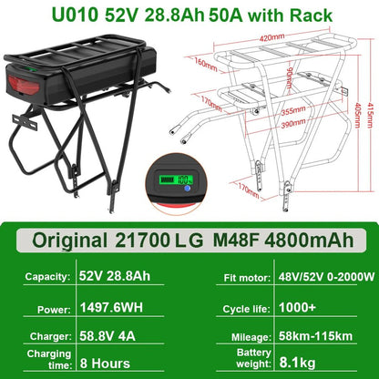 Rear Rack eBike Battery 21700 18650 52V 48V 27Ah 72V 20Ah with Rack no Rack Optional for 1500W 1000W 750W 500W 24" - 28 inch - Bako Bako
