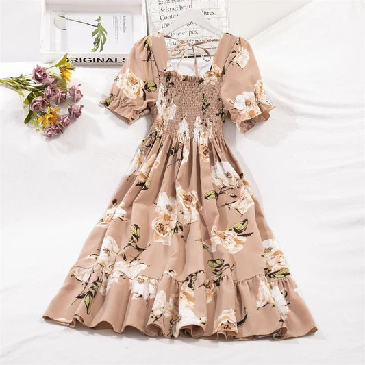 Spring Summer Chiffon Dresses Fashion Female Elastic Waist Short Sleeve Pleated Casual Dress Women A - line Dresses Vestidos - Bako Bako