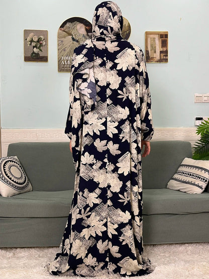 Muslim Cotton Abayas For Women Traditional Floral Ramadan Prayer Garment African Caftan Marocain Femme Robe Connected Headscarf - Bako Bako