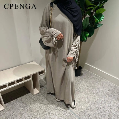 2024 Saudi Arabia Muslim Women Modest Dress Eid Dubai Plain Abaya Islamic Holiday Party Solid Turkey Lace - up Cuffs Long Clothes - Bako Bako