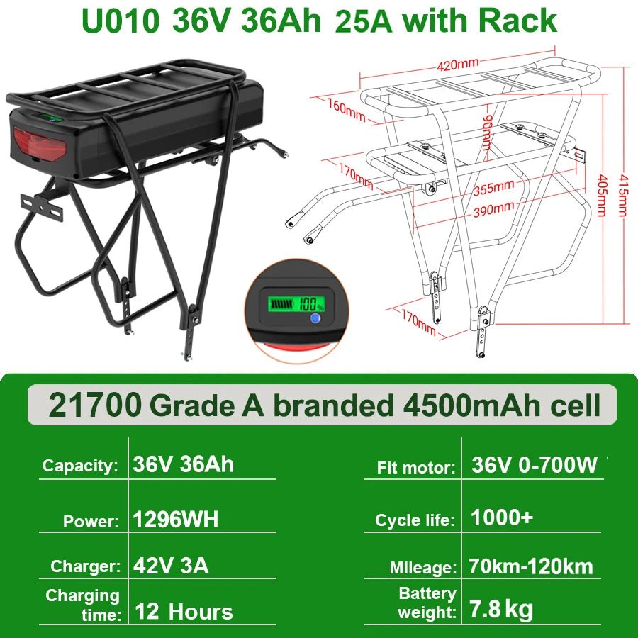 Rear Rack eBike Battery 21700 18650 52V 48V 27Ah 72V 20Ah with Rack no Rack Optional for 1500W 1000W 750W 500W 24" - 28 inch - Bako Bako